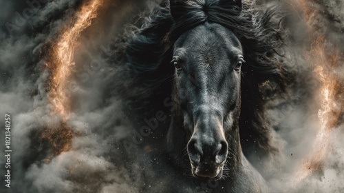 A powerful black horse charging forward through swirling smoke and glowing embers. Its mane flows wildly in the wind as fiery particles illuminate the scene, a dramatic and intense atmosphere.