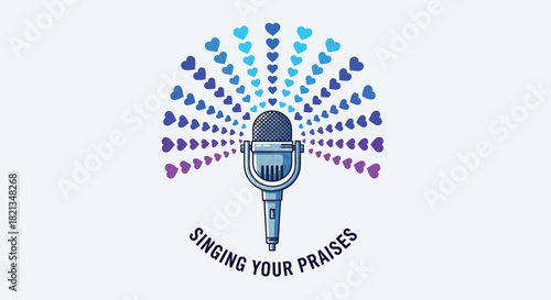 Vintage microphone with a fan of blue and purple hearts radiating outwards symbolizing singing praises and love