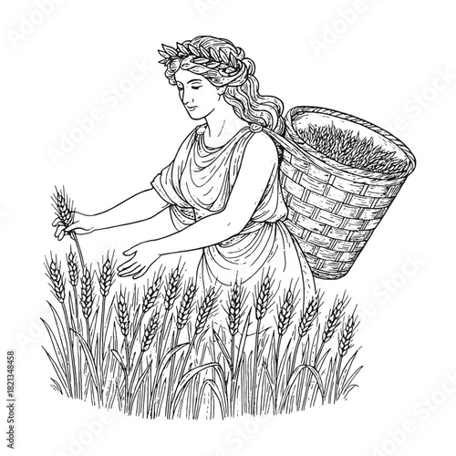 Graceful woman harvesting wheat in detailed black-and-white engraving style, perfect vector artwork for agricultural themes, pastoral scenes, vintage concepts, and traditional countryside illustration
