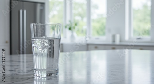 Glass of ice water on a marble countertop in a bright kitchen