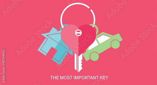 Heart shaped key with house and car charms symbolizing the most important key to life love and happiness