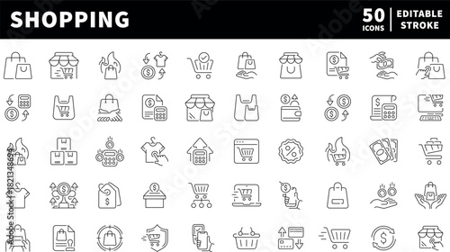 Shopping vector icons in line style. Shopping related icons. Shopping icons collection
