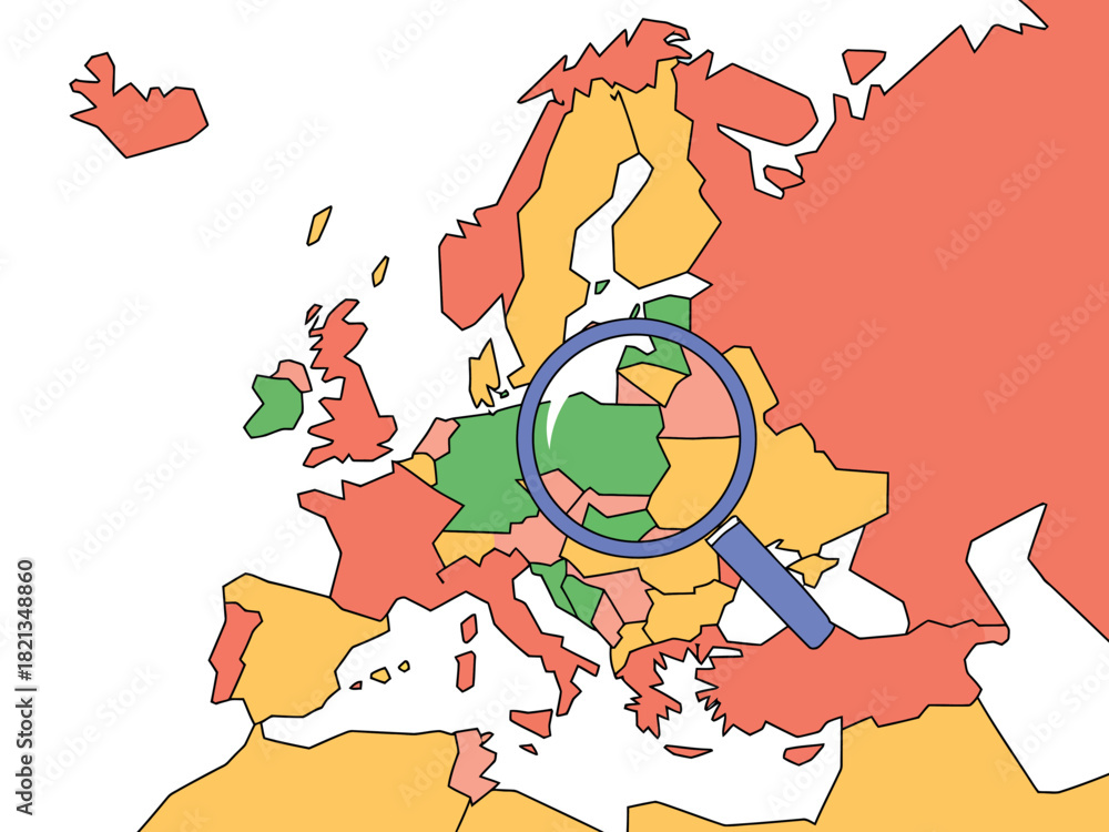 Fototapeta premium A magnifying glass is focused on Central Europe on a colorful map, highlighting specific regions with different colors.
