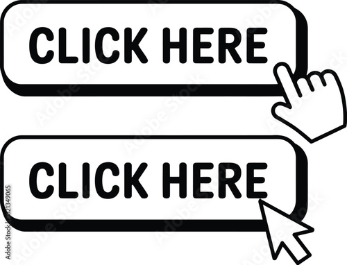 Click Here Button Icons Set with Hand and Arrow Pointers for Website Navigation