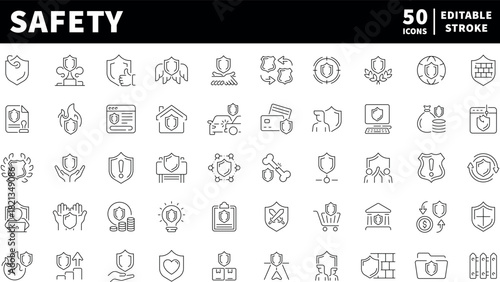 Safety vector icons in line style. Safety and protection related icons. Safety vector icons collection