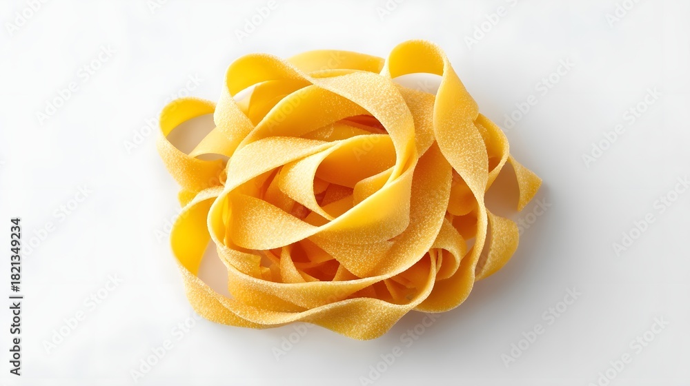 Naklejka premium Close up of a rustic uncooked nest of fresh golden yellow ribbon pasta such as fettuccine or tagliatelle with a textured surface on a plain white backdrop