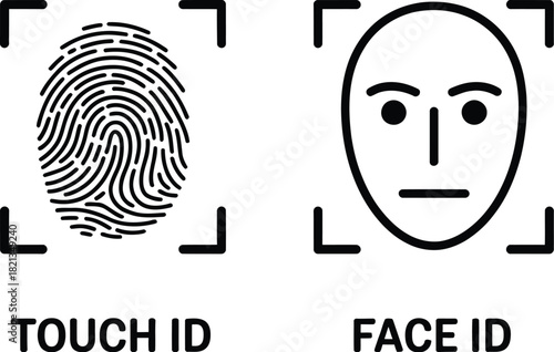 Biometric identification icons set with a fingerprint scanner and facial recognition system for security access and verification