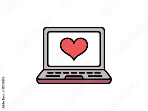 A laptop computer displays a red heart symbol on its screen, symbolizing love and connection through technology.