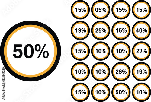 Set of modern circular progress charts showing various percentages, with a large 50% indicator highlighted. Vector illustration for infographics and reports