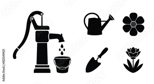 water pamp and flowers a simple illustration of garden elements