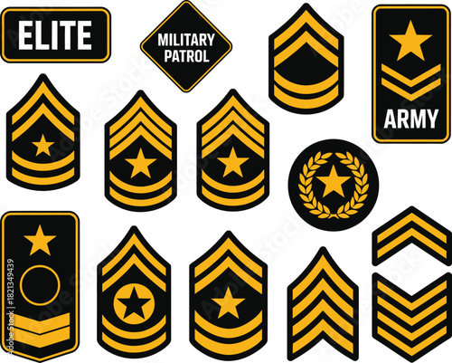 Collection of military insignia and rank badges featuring chevrons, stars, and text like 'Elite', 'Military Patrol', and 'Army'