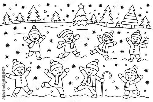 Children joyfully playing in the snow during winter, illustrating a festive holiday season activity.