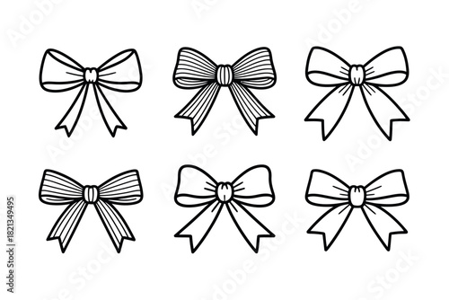 A collection of six hand-drawn bow illustrations, showcasing variations in style and texture for decorative purposes.