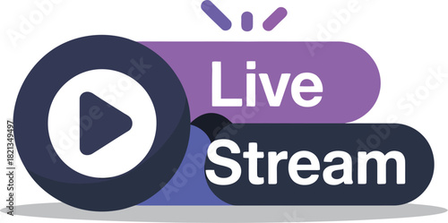 Modern vector icon for live streaming and online video content, featuring a play button and text 'Live Stream' with broadcast signal elements, perfect for digital media and event promotions