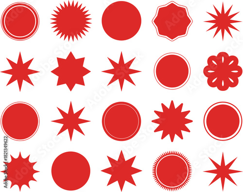 Set of twenty red graphic design elements including starbursts, sunbursts, circular seals, and badge shapes isolated on a white background