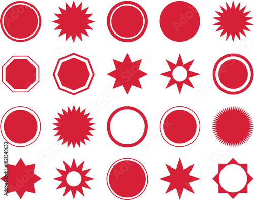 Vector collection of twenty red burst and circle sticker shapes. The elements are rendered in a bright red color with a simple, clean design for graphic use