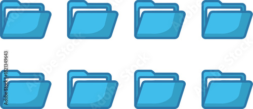A series of bright blue open folder icons, neatly arranged to represent efficient digital file management, organized document storage, and modern data archiving solutions