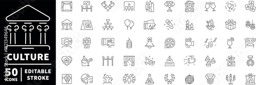 Cultural event icons set. editable line icons, outline, festival, celebration symbols