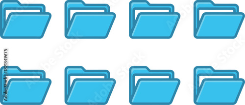 A set of eight bright blue file folders arranged in two rows, each shown open from a three-quarter perspective view, symbolizing data organization and document storage