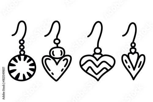 A collection of diverse, hand-drawn earring designs, including circular and heart shapes, presented on a white background.