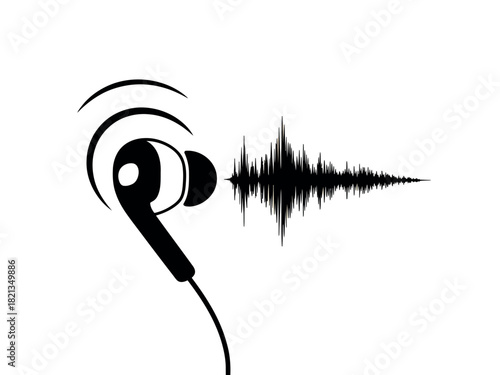 A black earbud headphone emitting a sound wave visualization on a white background representing audio and sound.