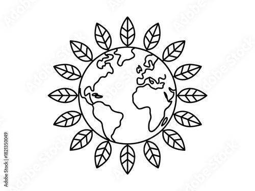 A stylized illustration depicts planet Earth surrounded by a ring of leaves, symbolizing environmental care and eco-consciousness.