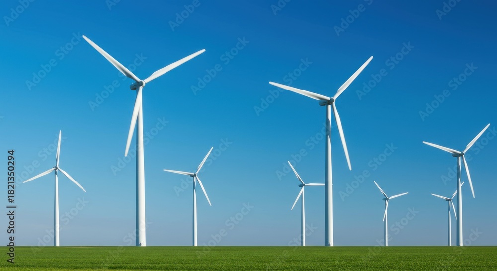 Fototapeta premium Wind turbines stand tall in a vibrant green field under a clear blue sky