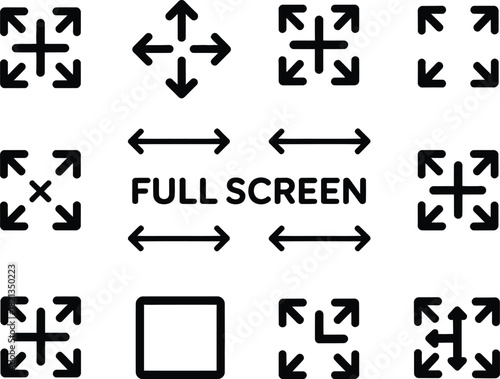 A diverse collection of full screen and resize vector icons for user interface design, featuring various arrow styles for expand, collapse, and maximize functions