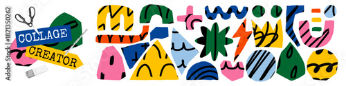 Abstract doodle collage with playful shapes and cutout art. Drawn lines and trendy textures create a lively feel. Great for creative backgrounds and illustrations