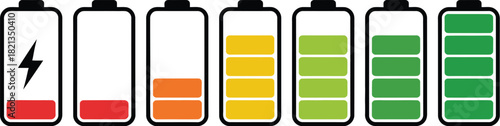 Collection of colorful battery status indicators, featuring geometric bar designs to show power levels from empty to fully charged