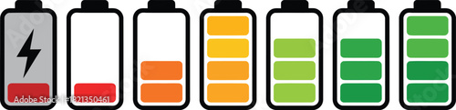 Seven battery icons illustrating charge levels from critical (lightning bolt) to full. Visual indicators for digital interfaces and energy management displays