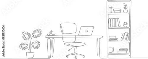Simple line art illustration of a home office setup with a desk, chair, laptop, plant, and bookshelf