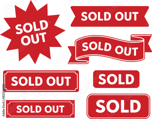 Vector collection of seven different 'Sold Out' and 'Sold' message designs, perfect for indicating product availability on websites and advertisements