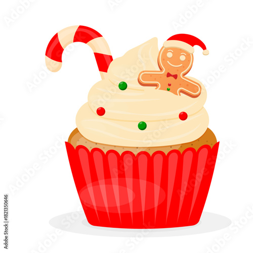 Christmas Cupcake with Gingerbread Man and Candy Cane – Festive Holiday Dessert Illustration