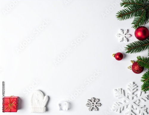 Winter Frame, Flat Lay of Christmas Ornaments and Fir Branches
冬のフレーム、クリスマス飾りとモミの枝のフラットレイ