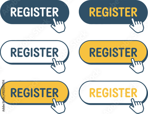 A collection of six user interface register buttons with a clicking hand cursor icon, used for online sign-up forms and website navigation