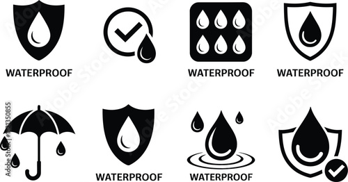A set of waterproof and water-resistant vector icons, including shields, water droplets, and umbrellas, symbolizing product protection, durability, and moisture defense