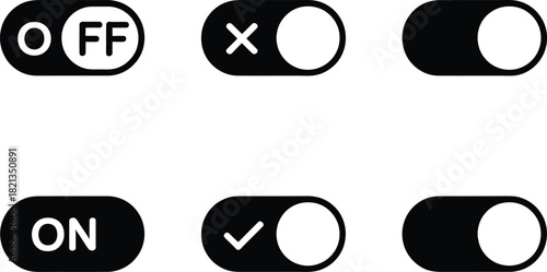 Collection of modern black and white toggle switches and on-off slider buttons for user interface design, representing active, inactive, and configuration states for digital applications