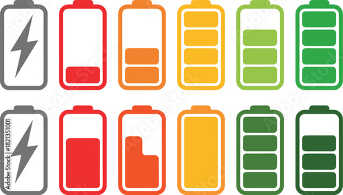 Battery charge level indicators displayed in rows, with different colors and fill levels signifying power status and energy capacity