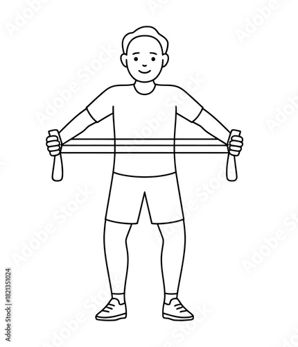A person is exercising with a resistance band, stretching it horizontally across their chest to strengthen their upper body muscles.