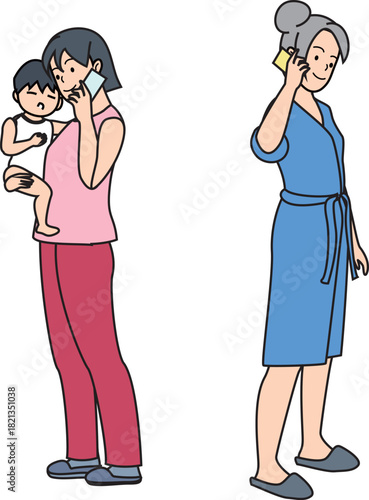 育児中の母が親と電話するイラスト