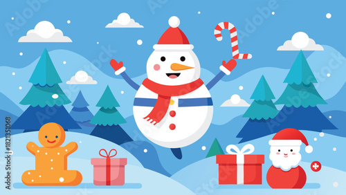 Santa Claus joyfully flies through the sky alongside a cheerful snowman, surrounded by fluffy clouds and a winter landscape..eps