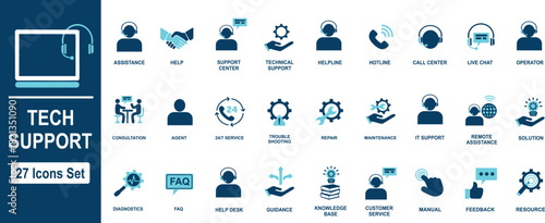 Technical Support and Customer Service Icon Set: Help Desk, Maintenance, Call Center, Online Chat, Communication, Troubleshooting. 27 Vector Icons for Business.