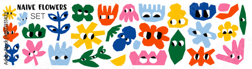 Abstract naive flowers in a colorful freehand collage style. Hand-drawn vector shapes combine with vintage tones for a bold floral pattern. Perfect for modern illustration projects