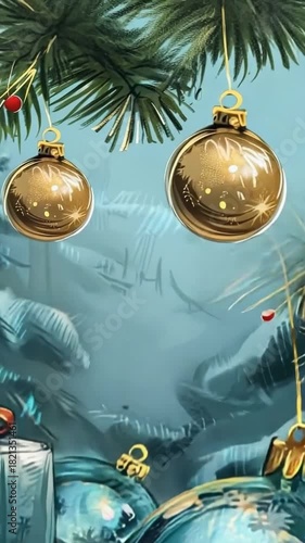 Holiday decorations featuring colorful ornaments and wrapped gifts, creating a warm festive atmosphere, camera pans to showcase the scene