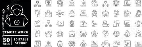 Remote work icons set. editable line icons, outline, telecommuting symbols