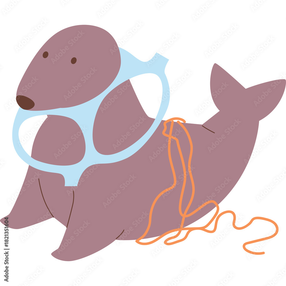 Fototapeta premium A brown seal with a light blue plastic ring around its neck and an orange string entangled on its body illustration on transparent background