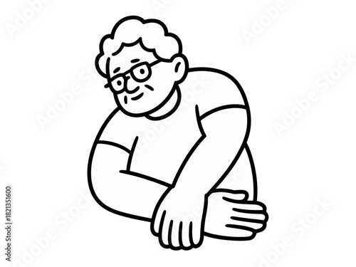 An older person with glasses is shown in a simple line drawing, arms crossed.