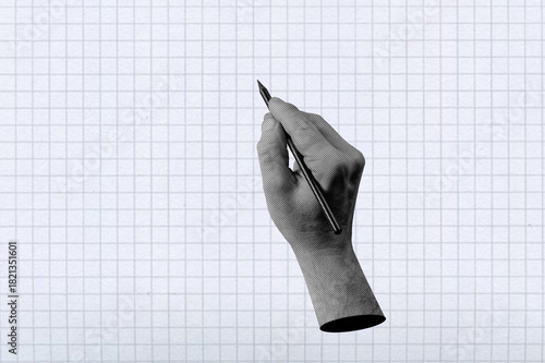 Human hands in dotted pop art style holding pencil.