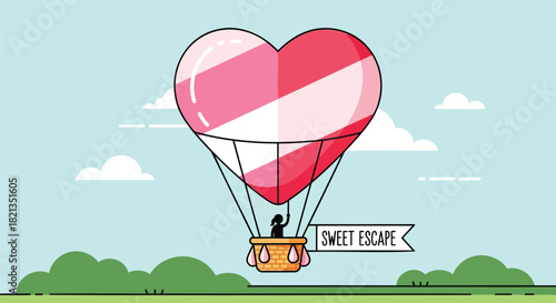 Charming heart shaped hot air balloon with a silhouette of a person in the basket and a banner that says sweet escape flying over green hills and clouds